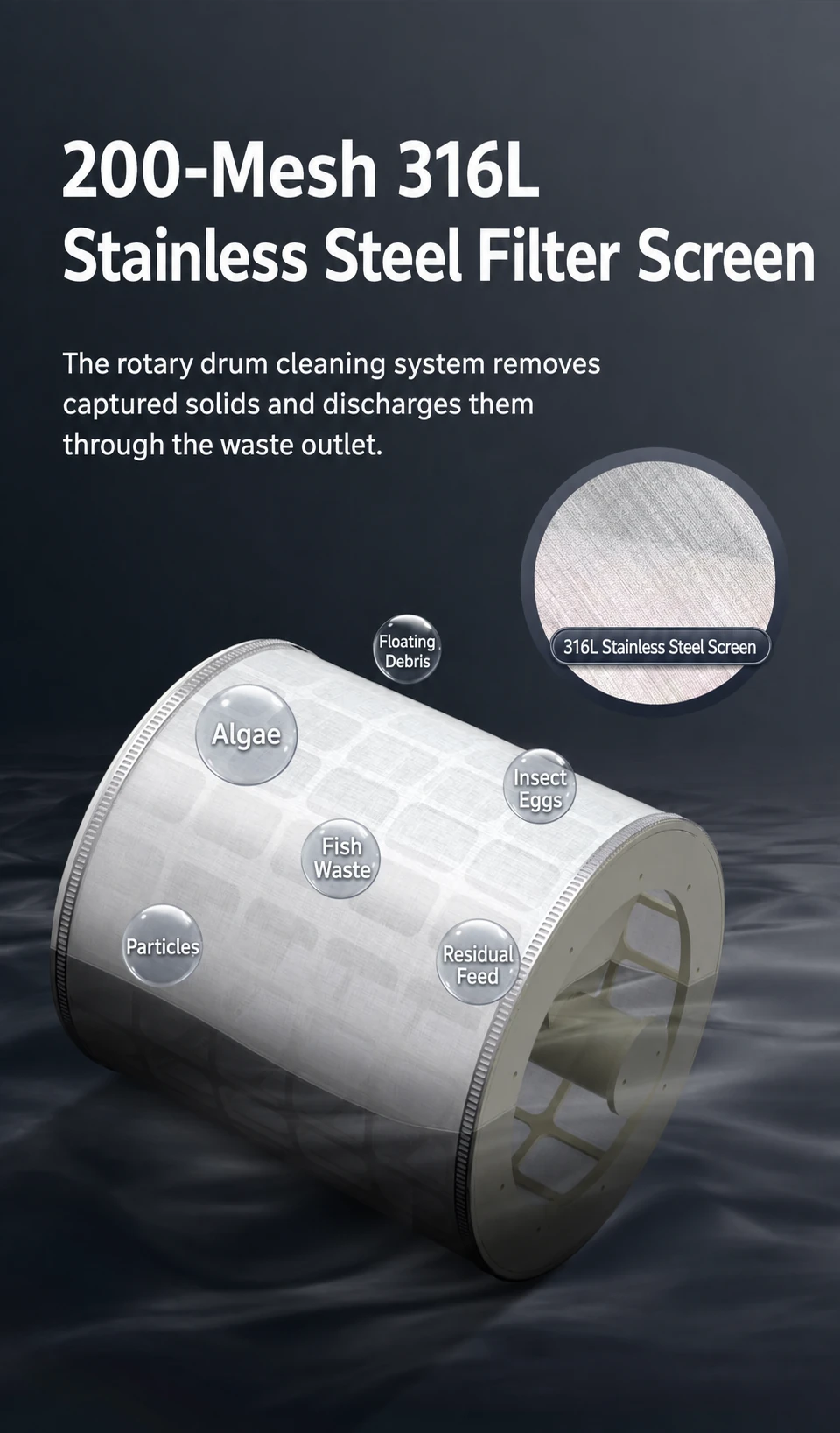 316L stainless steel drum filter screen used for mechanical solids separation in aquaculture