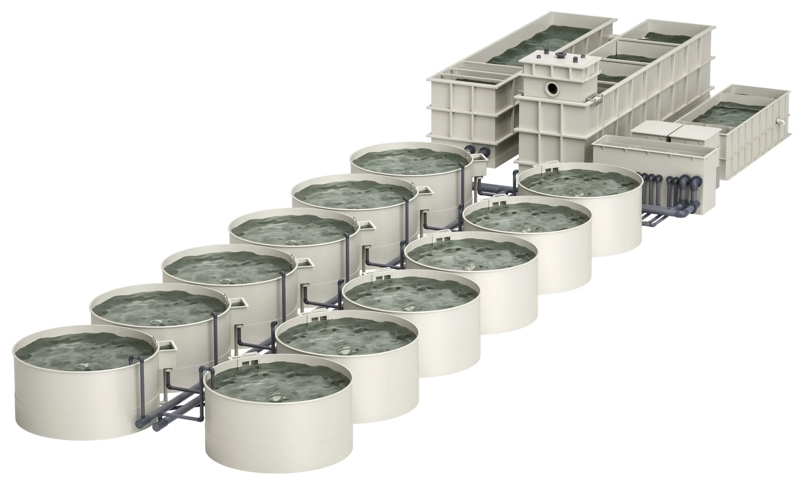 Reference recirculating aquaculture system layout showing fish tanks and centralized water treatment equipment