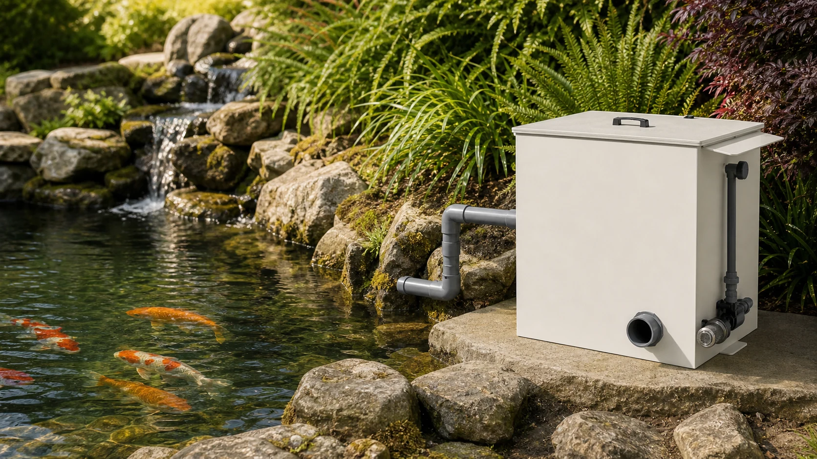 Automatic rotary drum filter beside a landscaped koi pond