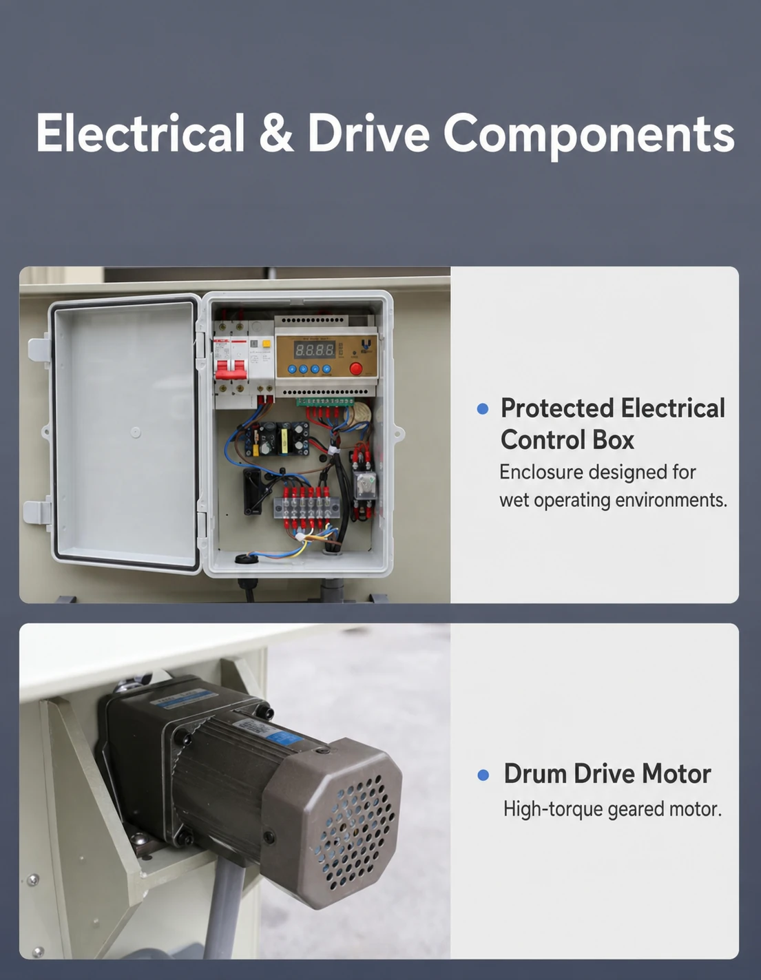Aquaculture drum filter electrical control box and geared drum drive motor