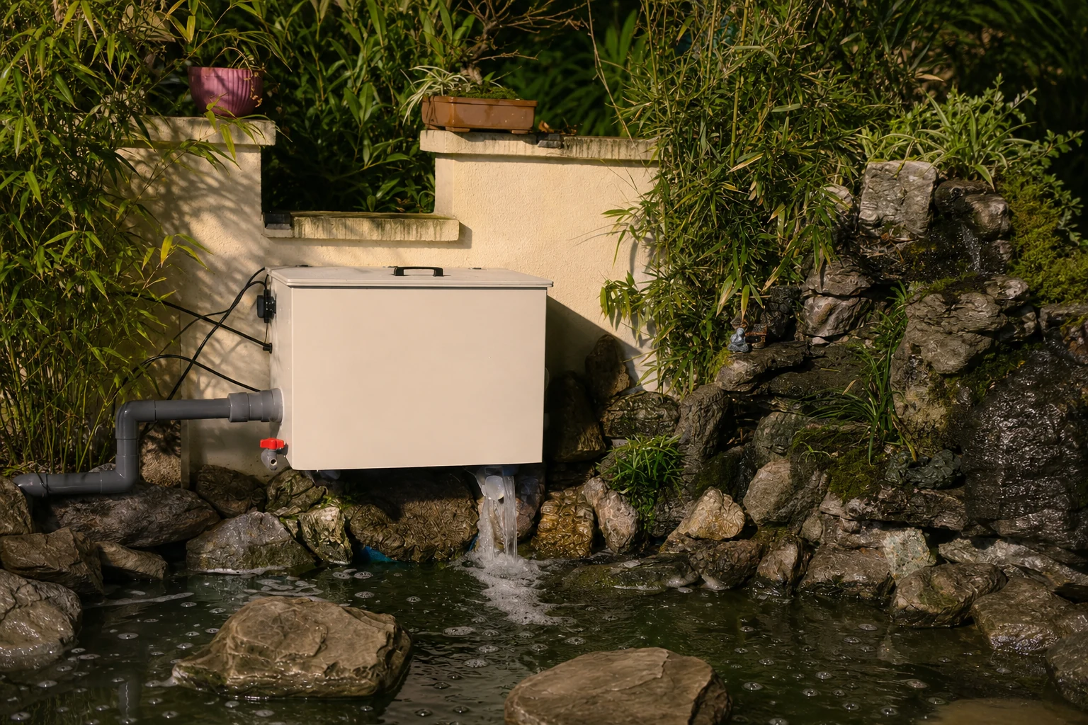 Enclosed rotary drum filter installed beside an ornamental garden pond