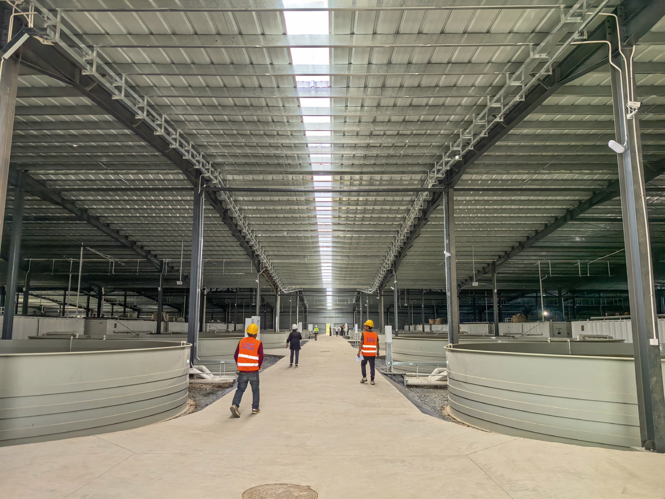 Large indoor RAS facility with circular tanks during installation or commissioning