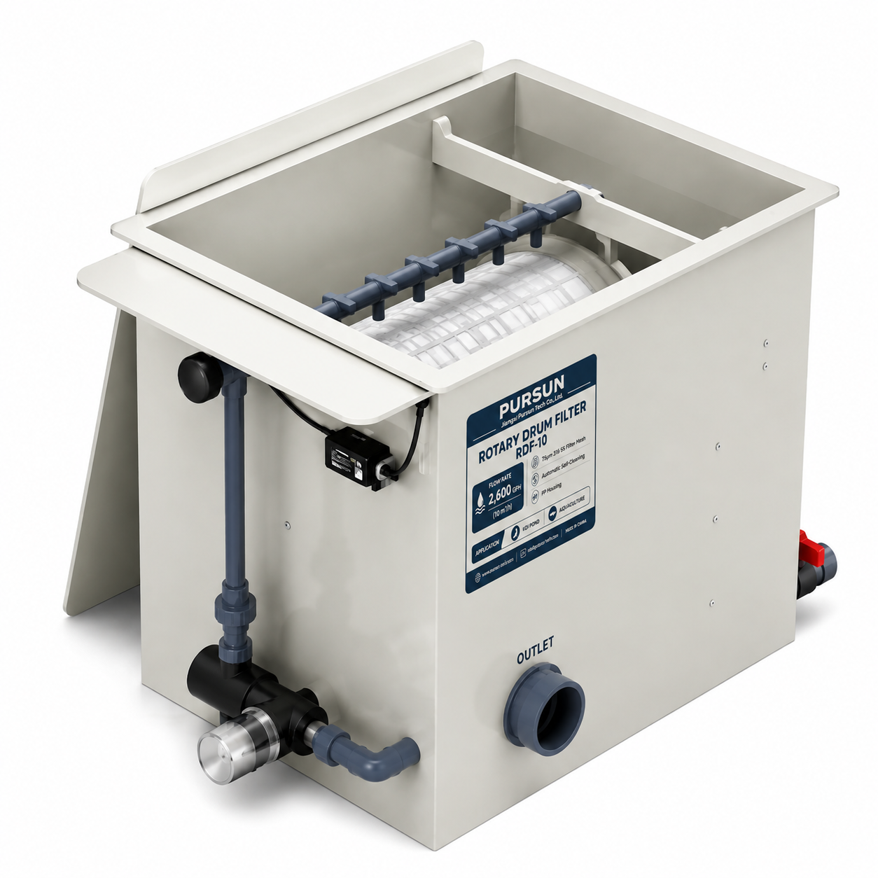 Automatic rotary drum filter product view showing enclosed housing, drum screen, spray pipe and connections